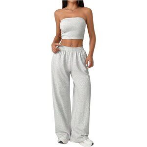 Women's Petite 2 Piece Outfits Tube Top Wide Leg Pants Set Tracksuit